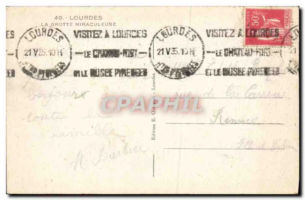 Mirakelgrot in Lourdes — Uitgever E. Quibault, n°49 - Achterkant