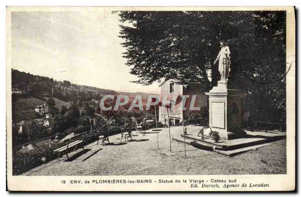 Ansicht von Plombières-les-Bains — Statue der Jungfrau — Südhang — Verlag Duroch, Vermietungsbüro - Vorderseite