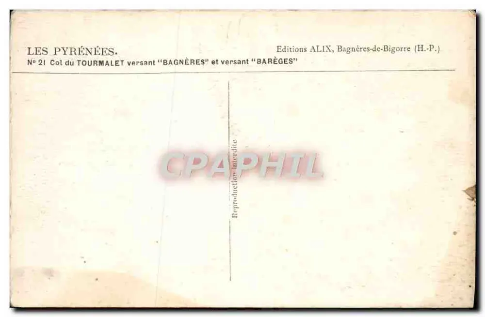 Col du Tourmalet — Hang von Bagnères und Barèges — Editions ALIX, Bagnères-de-Bigorre - Rückseite
