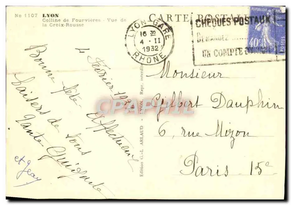 Fourvières-Hügel — Ansicht der Croix-Rousse — Edition G.-L. Arlaud, Nr. 1107 - Rückseite