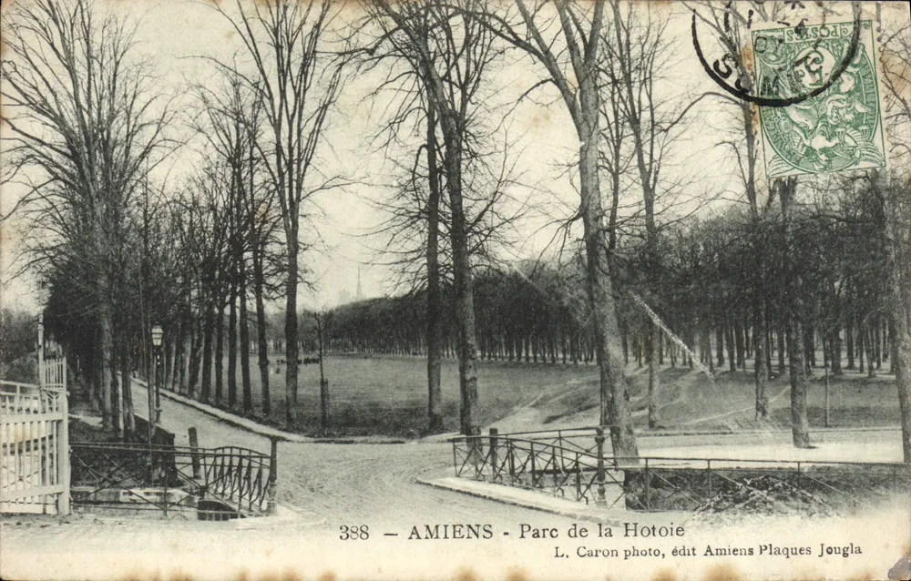 AMIENS - Parc de la Hotoié — vue d'allées bordées d'arbres nus, éditeur L. Caron photo, édit Amiens Plaques Jouglas, n° 338 - Frente