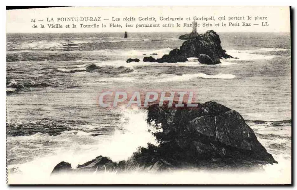 La Pointe-du-Raz — Los arrecifes Gorleik, Gorlegreiz y Gorlepell con el faro de la Vieja y la Torre Plana — Editor Lévy y Neurding, París - Anverso