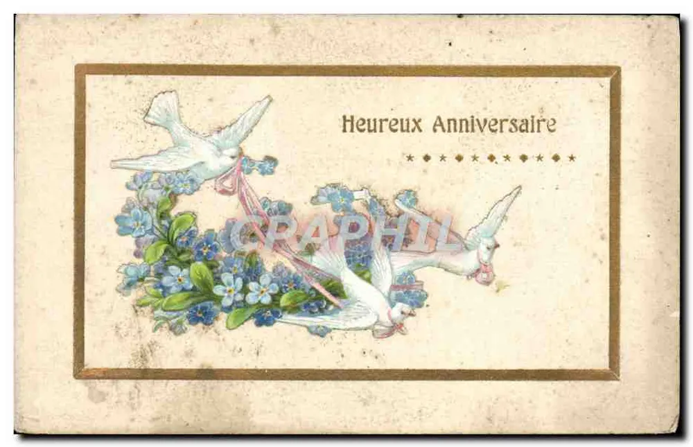 Zwei Tauben und Blumen — Frohes Geburtstag — Inlandskarte (Frankreich, Algerien, Tunesien) - Vorderseite