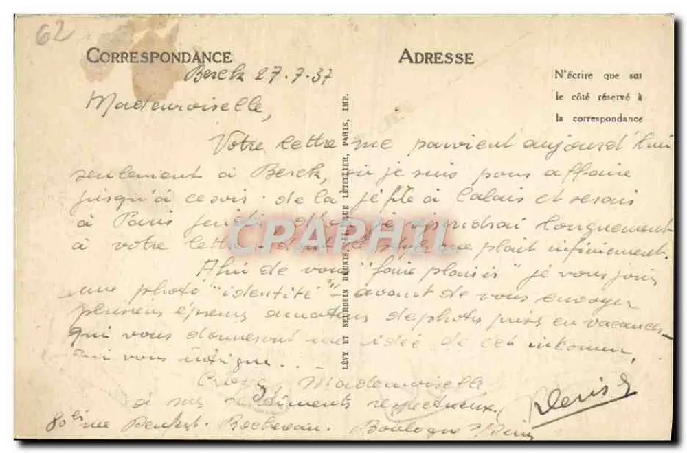 Uma Pensão de Berck — Carte postale ilustrada com paisagens costeiras — editor Lévy et Ménière, Paris - Verso