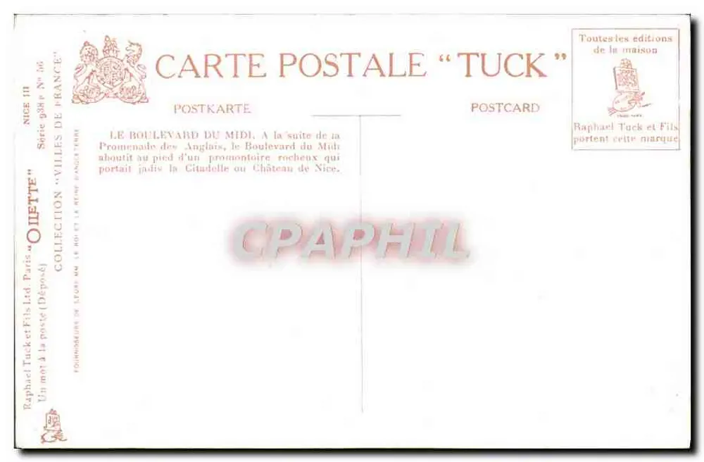 Nice. O Boulevard do Meio-Dia e a Jetée Promenade — Tuck & Fils, Série 938 - Verso