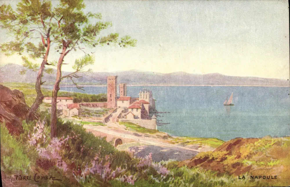 La Napoule — vista costeira com castelo e vela — desenho de Pierre Comba - Frente