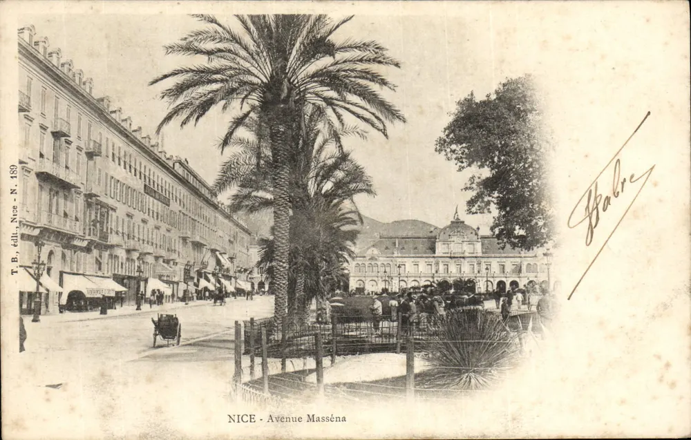 NICE - Avenida Masséna — vista da praça com palmeira — T.B. edit. Nice N. 159 - Frente
