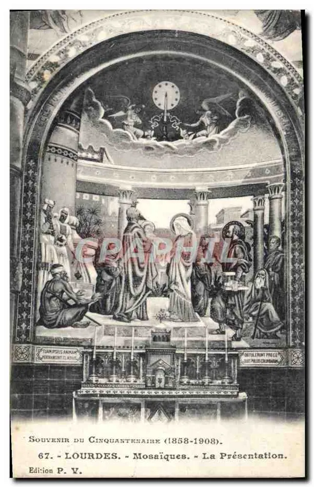 Lourdes - Mosaicos - A Apresentação — Lembrança do Cinquentenário (1858-1908) — Edição P. V. n° 67 - Frente