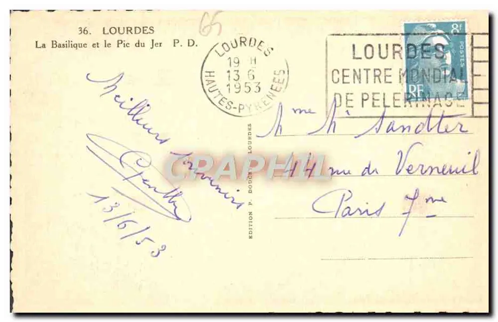 Lourdes — La Basilica e il Pic du Jer — Edizione P. Doucet, n°36 - Verso