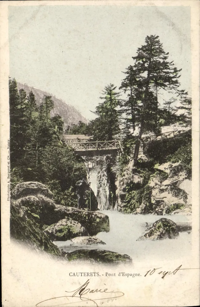 Cauterets - Pont d'Espagne — vue du pont et cascade, éditeur Phototypie A. Bergeret et Cie - Nancy, n° 1048 - Frente