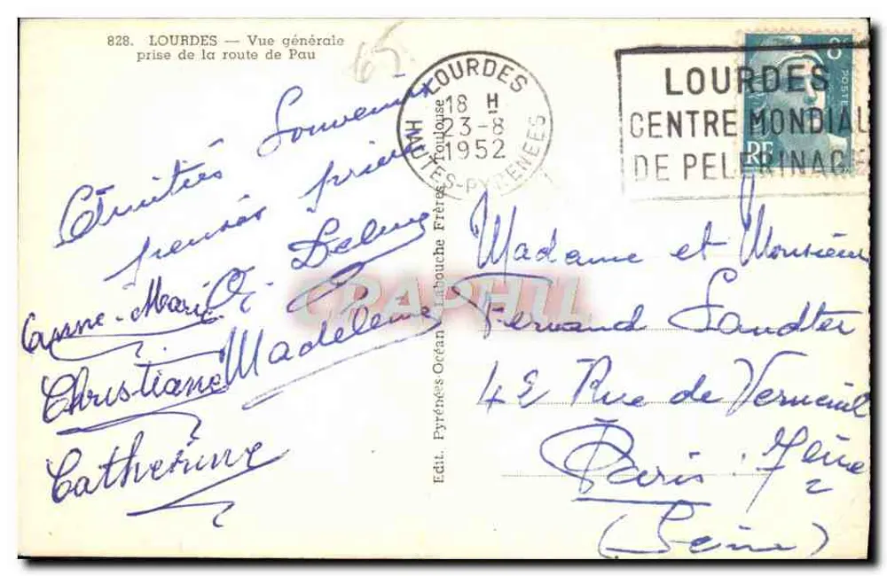 Lourdes — Allgemeiner Blick von der Straße nach Pau — Verlag Pyrénées Frères, Nr. 828 - Rückseite