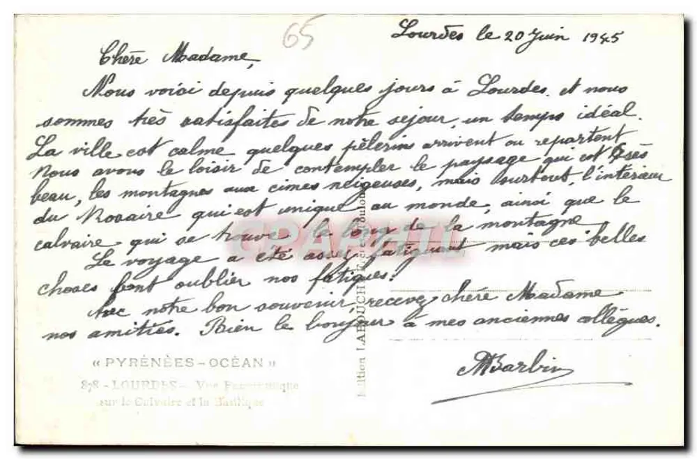 Lourdes — Panoramablick auf den Calvarienberg und die Basilika — Verleger Pyrénées-Océan, Nr. 65 - Rückseite