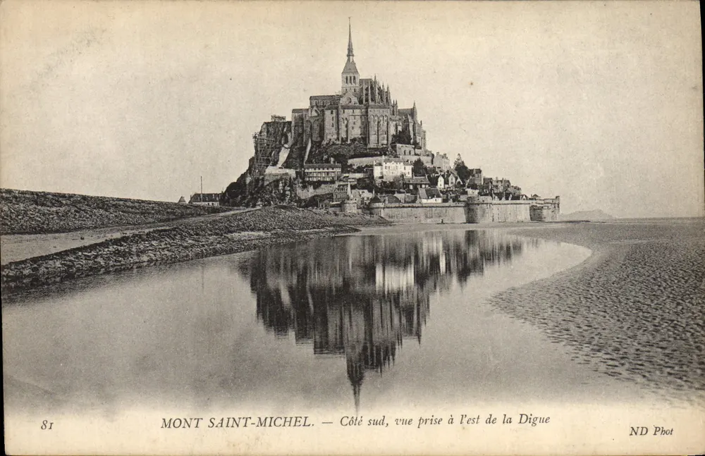 Mont Saint-Michel — Südseite, Ansicht vom Osten der Digue — ND Phot - Vorderseite