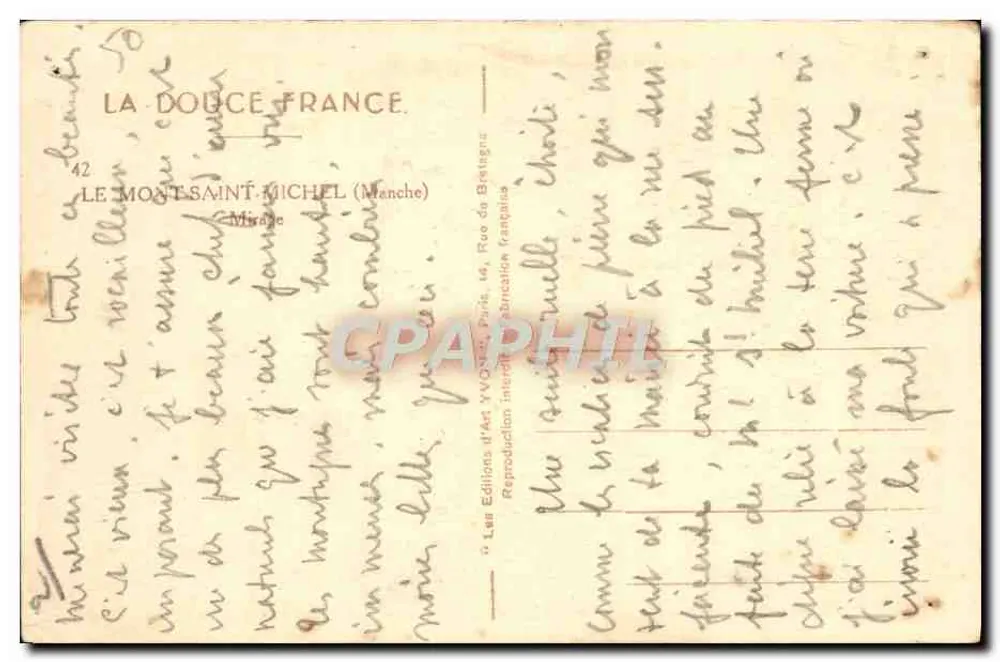 Mont Saint-Michel — vue panoramique de l'abbaye et du village sur l'île — éditeur Yvon, n° 42 - Verso