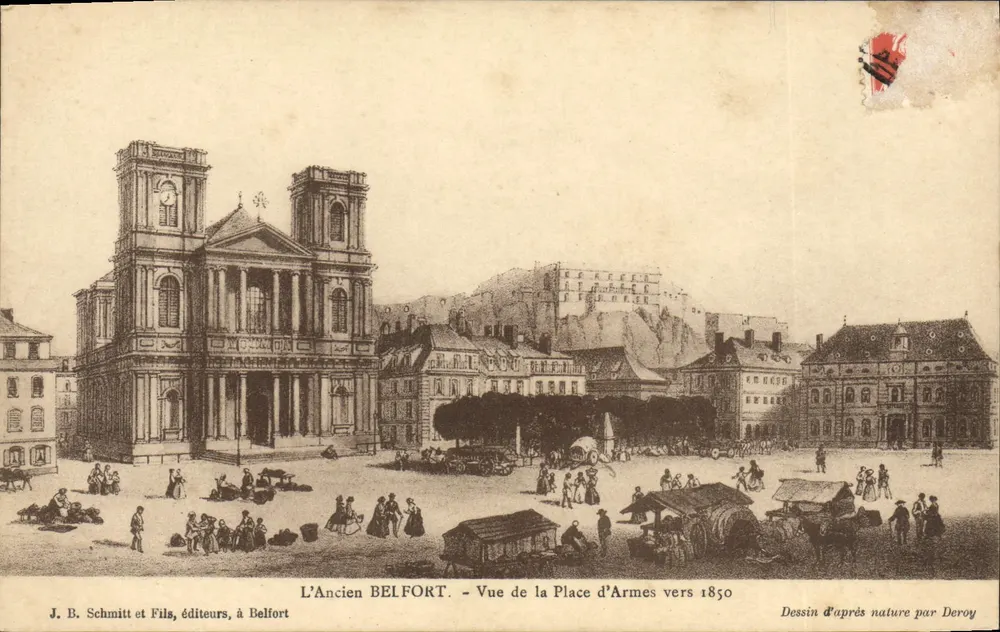 Das alte BELFORT — Ansicht der Place d'Armes um 1850 — J. B. Schmitt et Fils, Verleger, in Belfort - Vorderseite