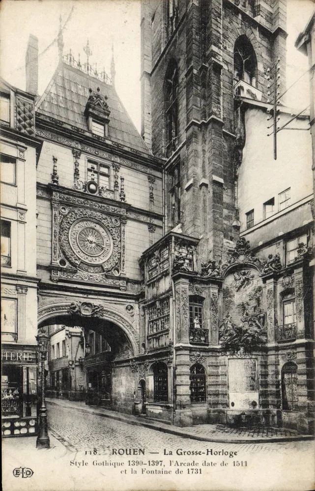 Rouen — Grosse-Horloge i fontanna — Wydawca E.F.D. nr 118 - Awers
