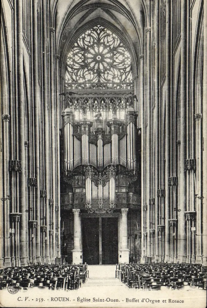 Rouen - Kirche Saint-Ouen - Orgelgehäuse und Rosefenster - Vorderseite