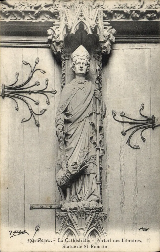 Rouen — Die Kathedrale — Portal der Buchhändler. Statue des St. Romain - Vorderseite