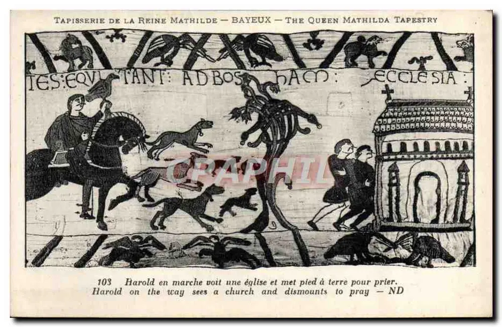 Tapisserie der Königin Mathilde — Bayeux — Szene mit Harold unterwegs - Vorderseite