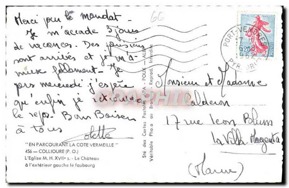 Collioure — Schloss und Kirche — Sté des Cartes Postales APA-ROUX - Rückseite