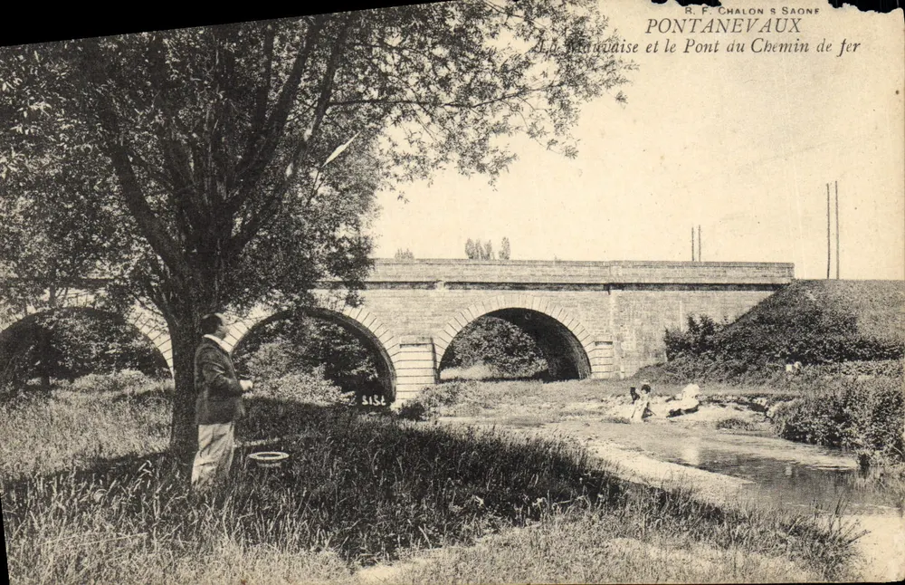 Pontanevaux — Die Saône und die Eisenbahnbrücke — R.P. Chalon s. Saône - Vorderseite