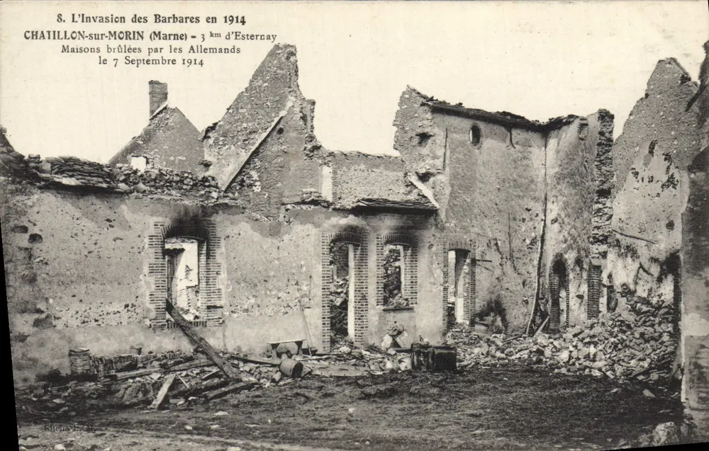 Chatillon-sur-Morin — destruições causadas pelos Alemães em 7 de setembro de 1914 — Editor Echevaux, n°8 - Frente