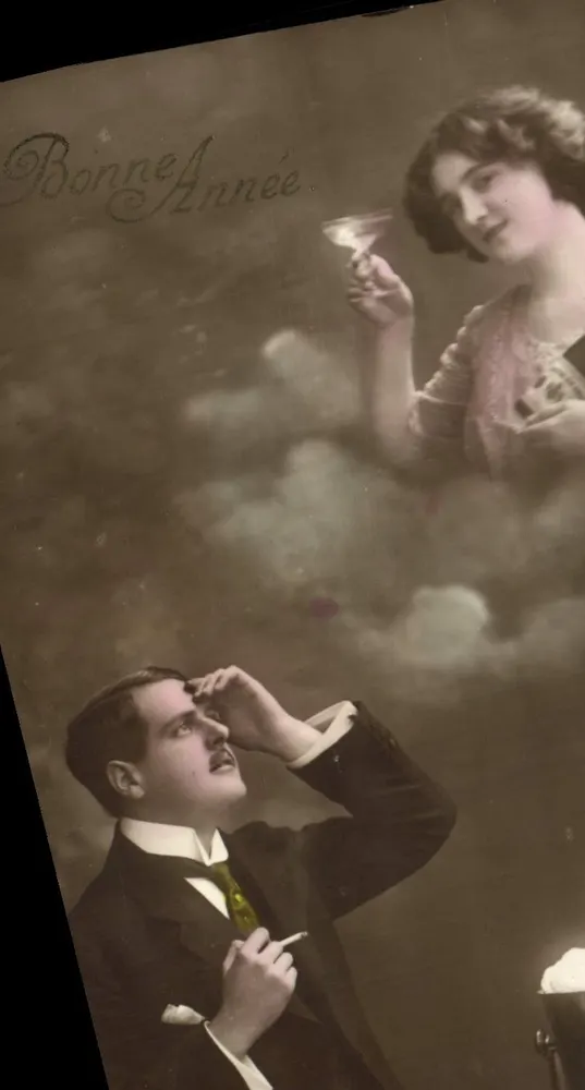Femme céleste offrant un verre à un homme — Bonne Année — éditeur non visible - Recto