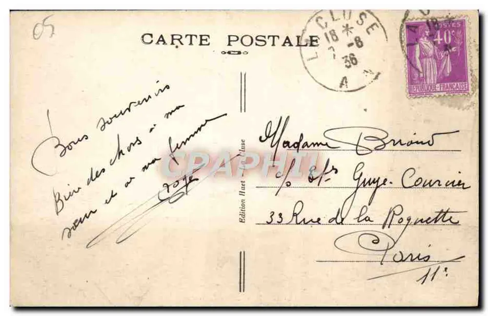LA CLUSE e o Lago de Nantua — Edição Huet - La Cluse - Verso