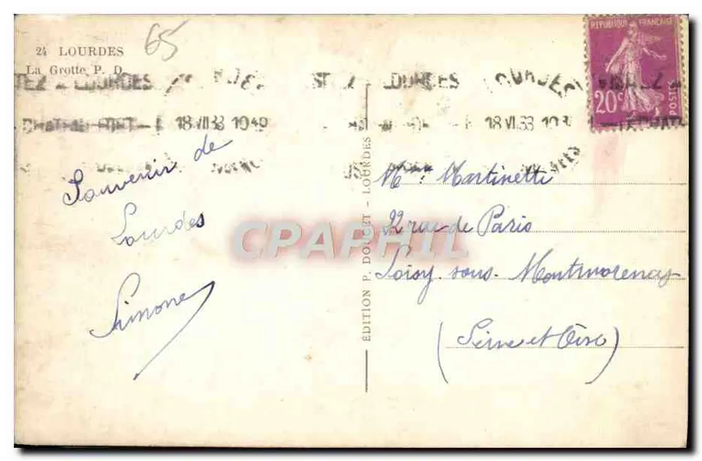 A Gruta de Lourdes — Pelerinagem — Edição P. Doucet - Verso