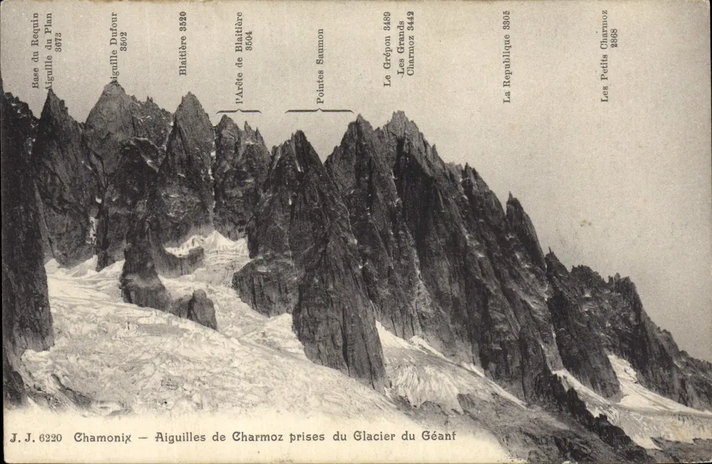 Aiguilles di Charmoz — viste del Ghiacciaio del Gigante — J.J. 6220 — Chamonix - Recto