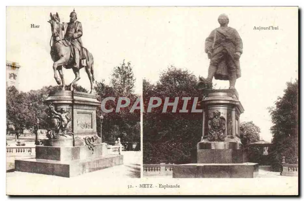 Metz - Esplanada — comparação das estátuas antes e depois da guerra — editor Ch. Bergeret, n° 52 - Frente
