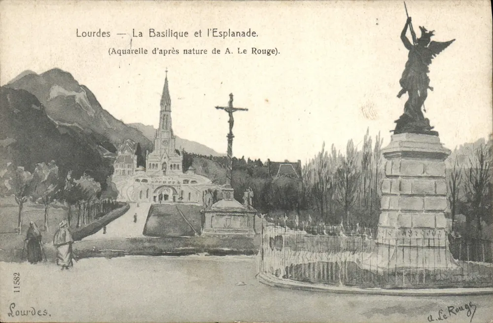 Lourdes — A Vista da Basílica e da Esplanada — Aquarela de acordo com a natureza de A. Le Rouge. - Frente