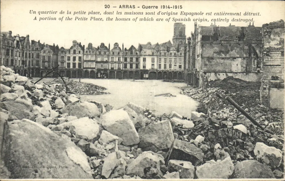 Arras - Krieg 1914-1915 — Zerstörter Viertel der Petite Place — Verlag Louis Racquet, Paris - Vorderseite
