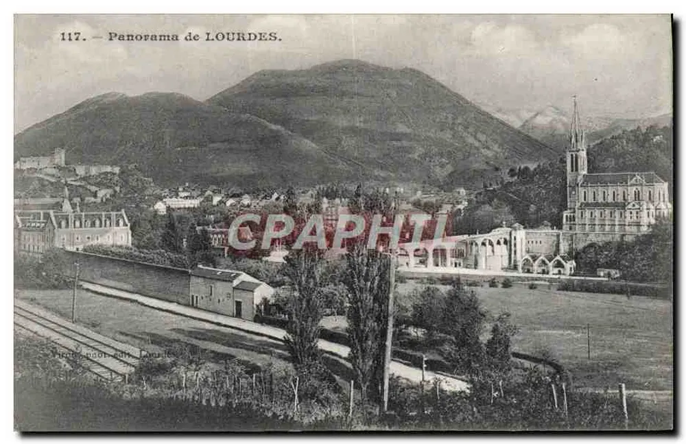 Panorama de Lourdes — vista da cidade e da basílica — editor Pierre Pauthier, n° 117 - Frente