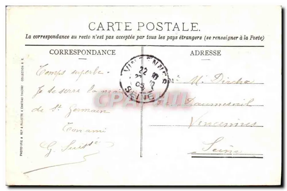 St-Germain-en-Laye - El Castillo visto desde el Parque — Editor R. Fillet, n° 2875 - Reverso
