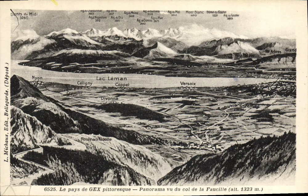 Bilderhafte Gegend von GEX — Panoramablick vom Pass de la Faucille (Höhe 1323 m.) — L. Michaux, Verlag, Dépostarde, Nr. 6525 - Vorderseite