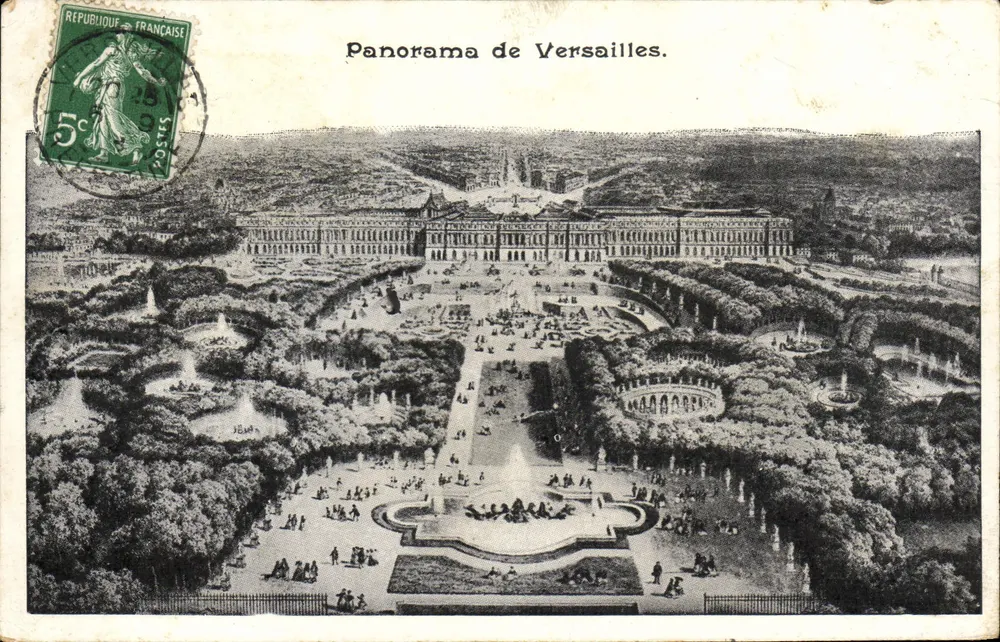 Panorama de Versailles — vista aérea do castelo e dos jardins — editor não visível - Frente