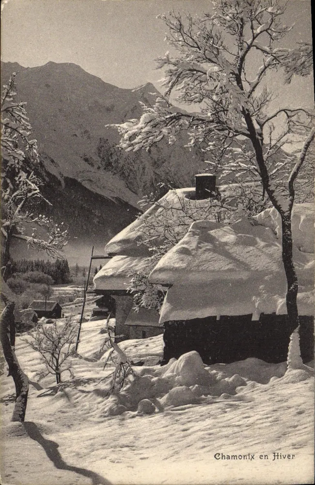 चमोनिक्स शीतकाल में — एक बर्फ से ढकी छोटी घर की दृश्य — एफ. पिटिज़न, चमोनिक्स - आगे