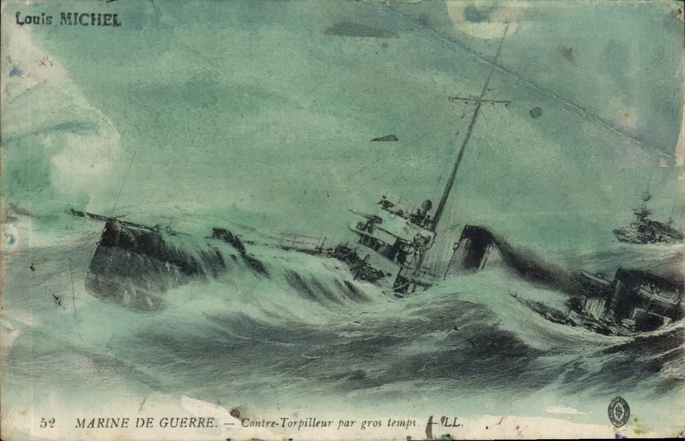 Antike Ansichtskarte Marine — Zerstörer bei stürmischem Wetter — Louis MICHEL, Nr. 52 - Vorderseite