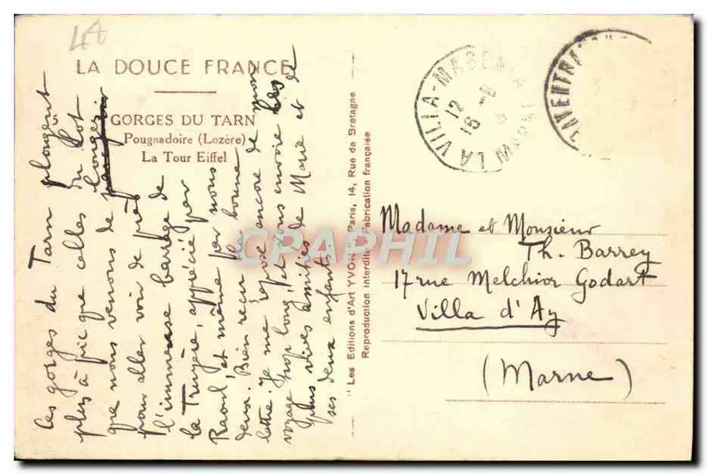 Gorges do Tarn — Torre Eiffel — Edições d'Art Yvon, n° 14 - Verso