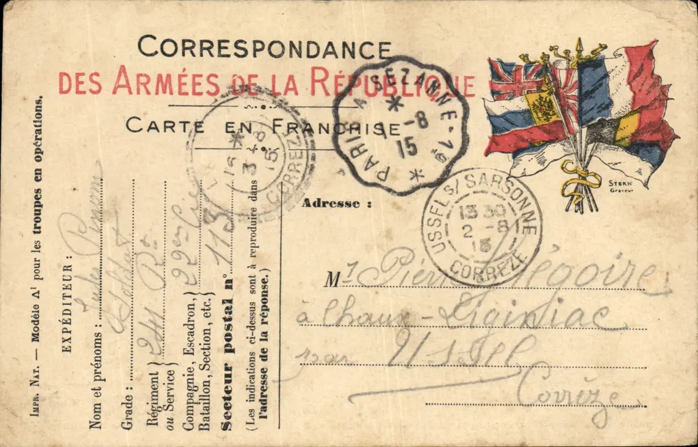 Correspondance des Armées de la République — Freiporto — Paris, 13. August 1915 - Vorderseite