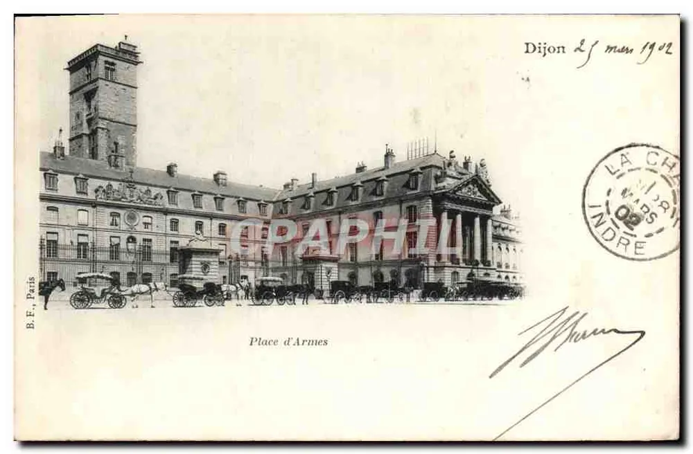 Place d'Armes — Hôtel de Ville de Dijon avec tour et carrosses — B.E., Paris - Frente