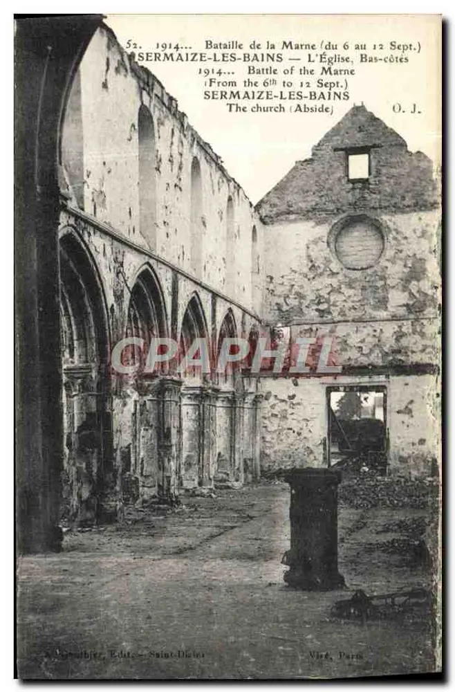 Sermaize-les-Bains — A Igreja, Lateral — Detalhes da batalha da Marne (6-12 set. 1914) - Frente