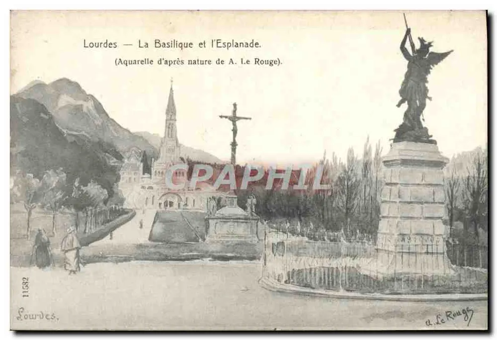 Lourdes — A Basílica e a Esplanada — Aquarela de A. Le Rouge - Frente