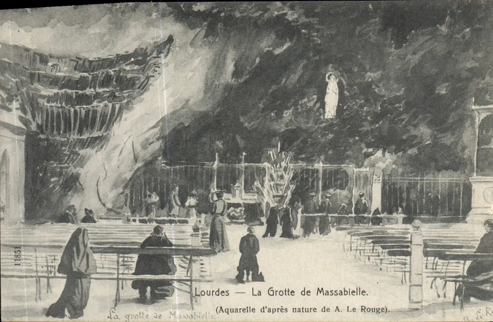 Lourdes — A Gruta de Massabielle — Aquarela de acordo com a natureza de A. Le Rouge - Frente
