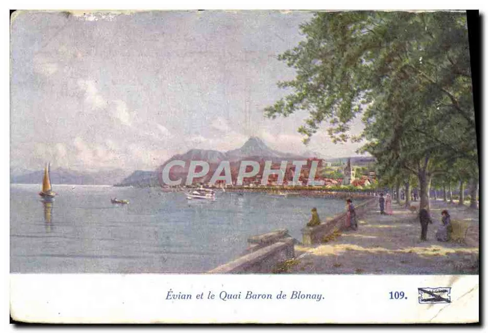 Évian et le Quai Baron de Blonay — vue du lac avec voiliers et promeneurs — éditeur impr. sur la carte n°109 - Frente