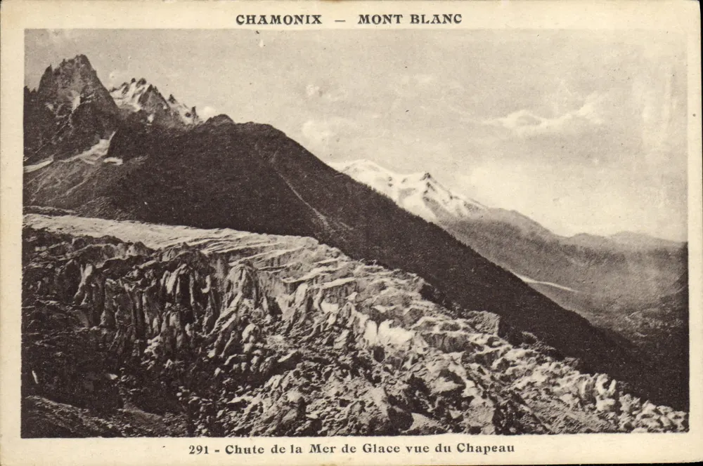 Chamonix — Mont Blanc — Fall der Mer de Glace von der Chapeau aus gesehen — n°291 — Aug. Couttet, phot. Verleger Chamonix - Vorderseite
