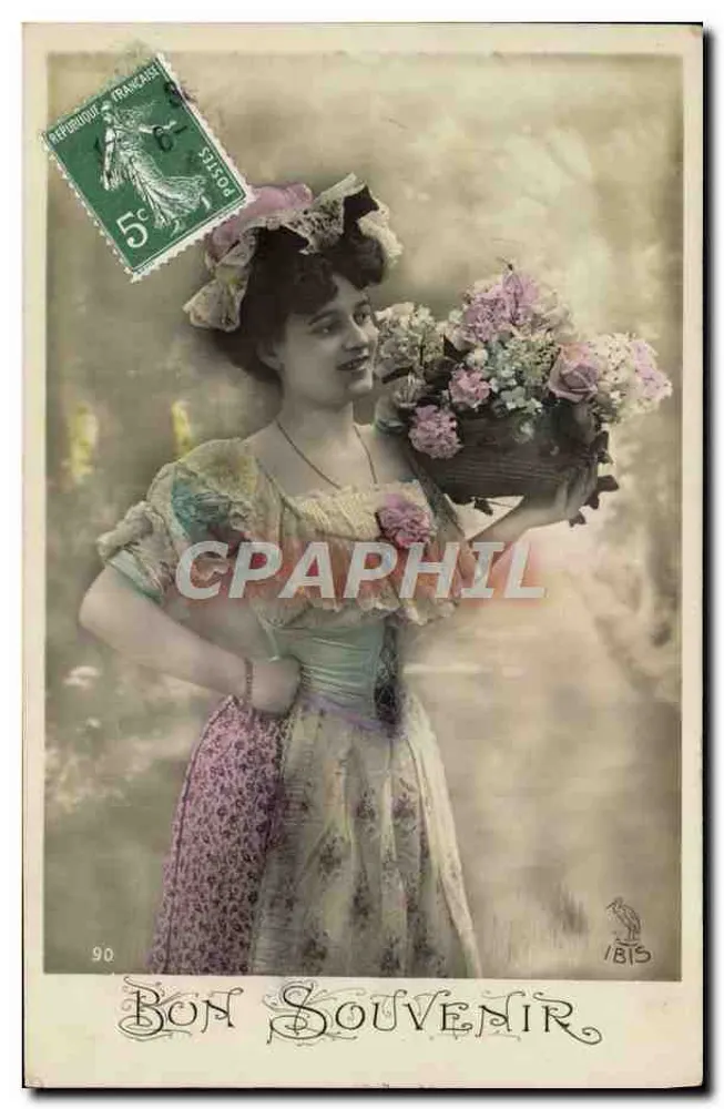 Junge Frau in einem blumigen Kleid mit einem Blumenkorb — Bon Souvenir — unbekannter Verleger, Nr. 90 - Vorderseite