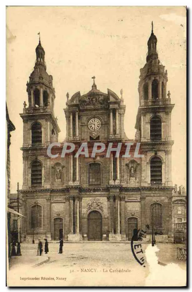 NANCY - La Cathédrale — façade avec deux tours et horloge, éditeur Imprimaries Réunies, Nancy, n° 31 - Frente