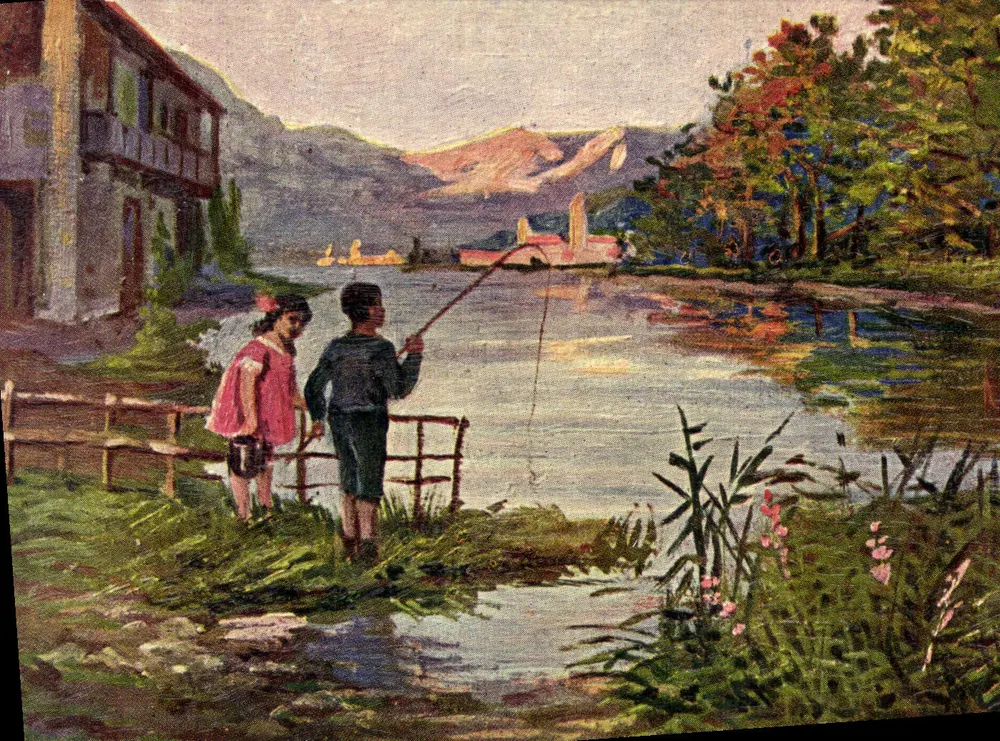 Kinder, die am See fischen — Berglandschaft — Propria Art. Milano, n° 739 - Vorderseite